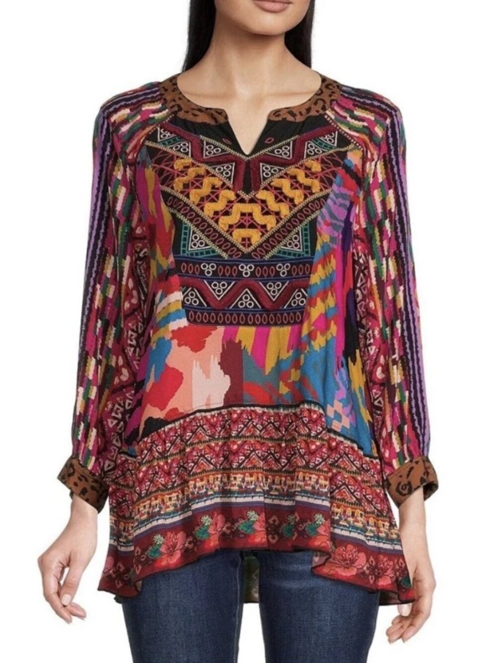 JOHN MARK Multicolor Geometric Floral Embroidered 3/4 Length Sleeve Shirt Sz S
